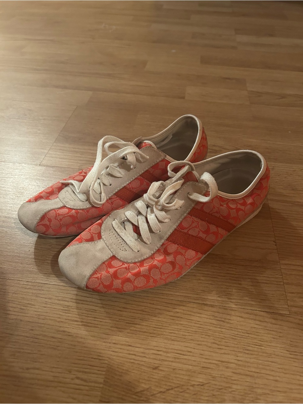 Coach Coral and Cream Signature Lace-Up Sneakers